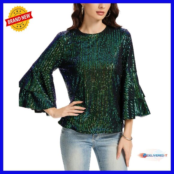 Women's Sequin Sparkle Blouse 3/4 Sleeve Loose Fit Party Top